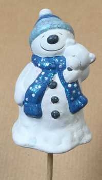 Keramik-Schneemann mit Bär, weiss-blau