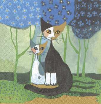 Serviette Rosina Wachtmeister, 2 Katzen, blau-grün