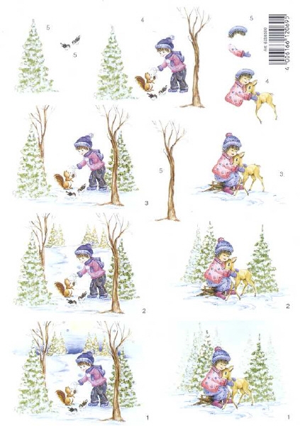 3D Schneidebogen verschneiter Wald, Kind mit Tieren