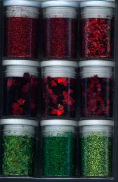 Set à 9 Dosen Glitter, Flitter, Pailletten, Sternchen rot-grün