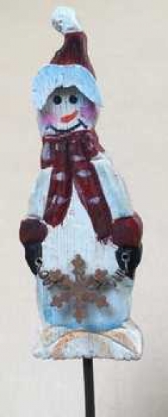 Holz-Schneemann rot-weiss, auf Stab, Schneeflocke