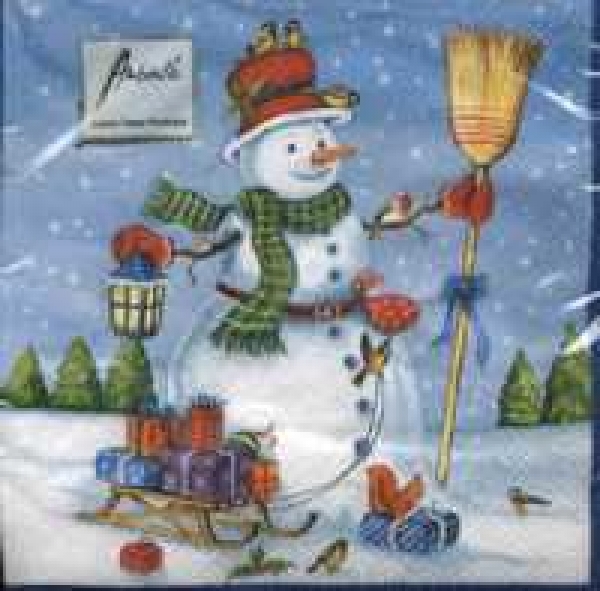 Serviette Schneemann mit Schlitten und Geschenken
