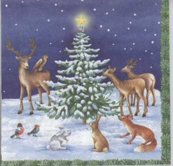 Serviette Tiere im Wald um Weihnnachtsbaum, Rarität