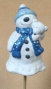 Keramik-Schneemann mit Bär, weiss-blau