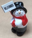 Keramik-Schneemann, rot-weiss-schwarz, Schild Willkommen