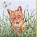 Serviette Katze im Gras, Schmetterlinge